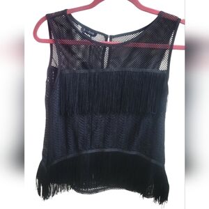 Bebe Black Fringe Mesh Top